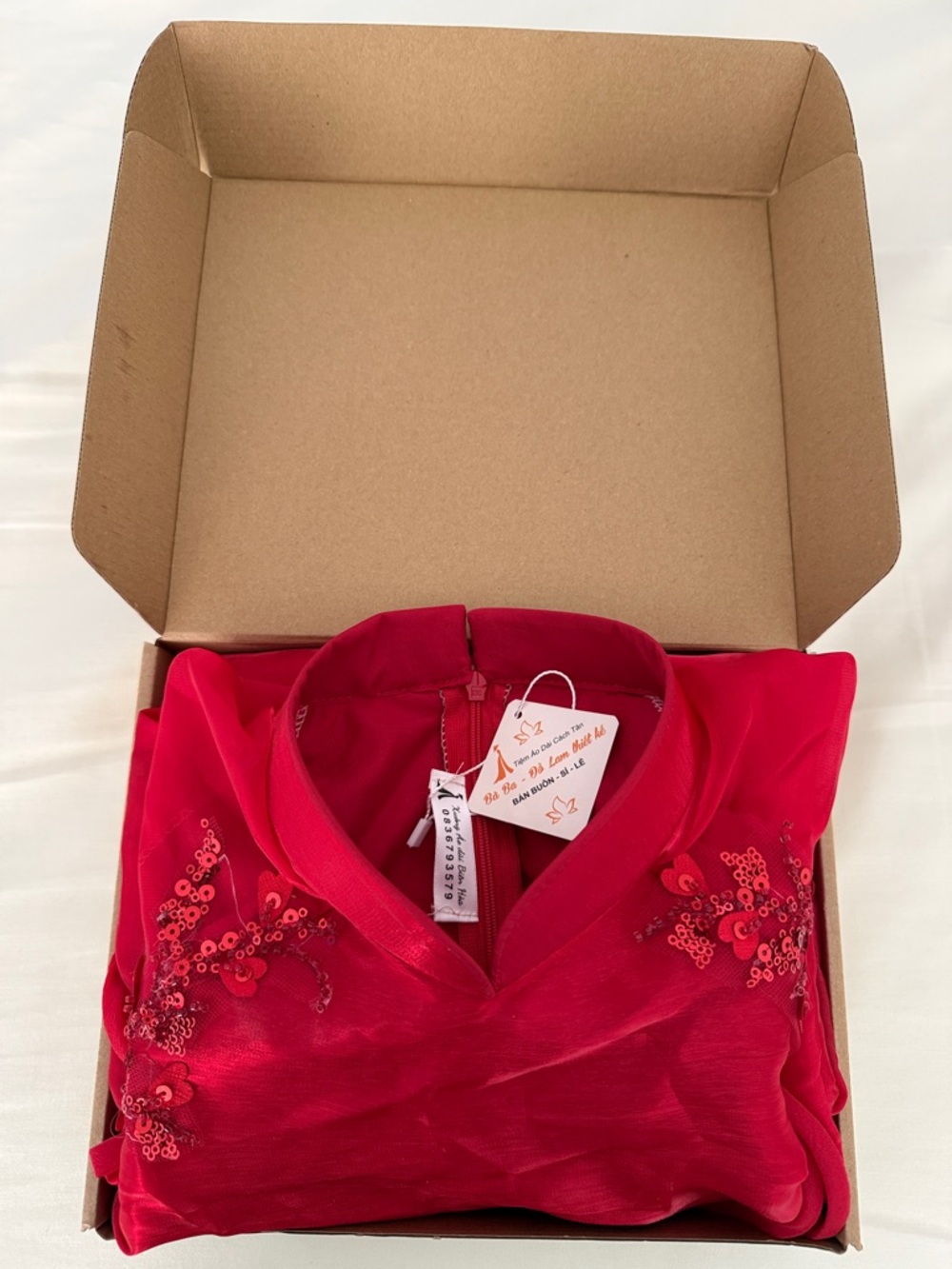 Red Embroidered Satin Cheongsam Dress with Black Trousers - Pants XL, Dress 3XL